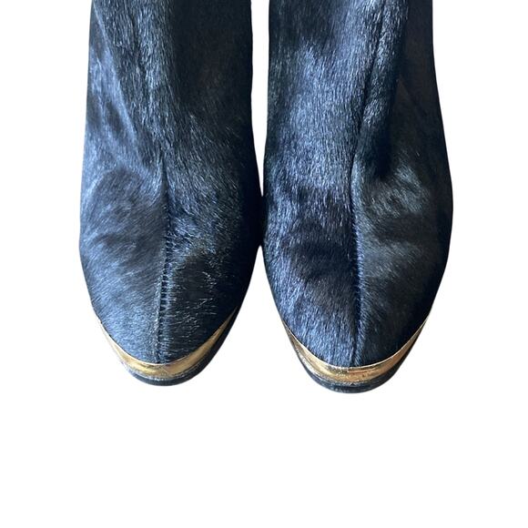 Calf Hair Stacked Heel Booties Black Leather Womens Sz 7 - Picture 3 of 10